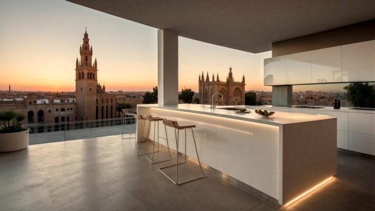 Cocina de diseño minimalista en terraza con vistas panorámicas a la Giralda, ideal para viviendas exclusivas en Sevilla.