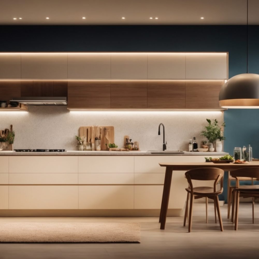 cocinas sevilla Cocina de lujo en Sevilla con mobiliario en madera clara, iluminación ambiental y comedor junto a ventanales, perfecta para hogares con estilo natural y contemporáneo.